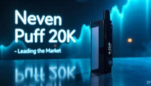 "Neven Puff 20K vape device showcased with futuristic lighting and a glowing market chart in the background, symbolizing its strong market position."