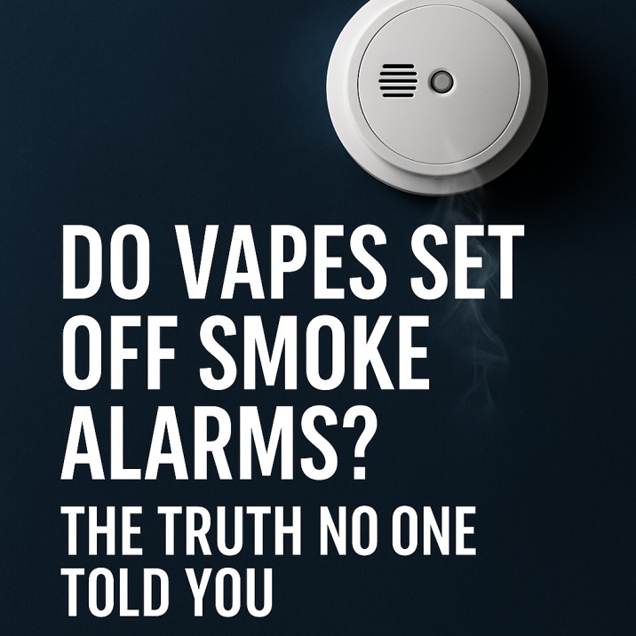 A digital feature image showing a white smoke alarm mounted on a dark blue wall with a faint wisp of vapor rising below it. Bold white text beside the alarm reads: 'Do Vapes Set Off Smoke Alarms? The Truth No One Told You