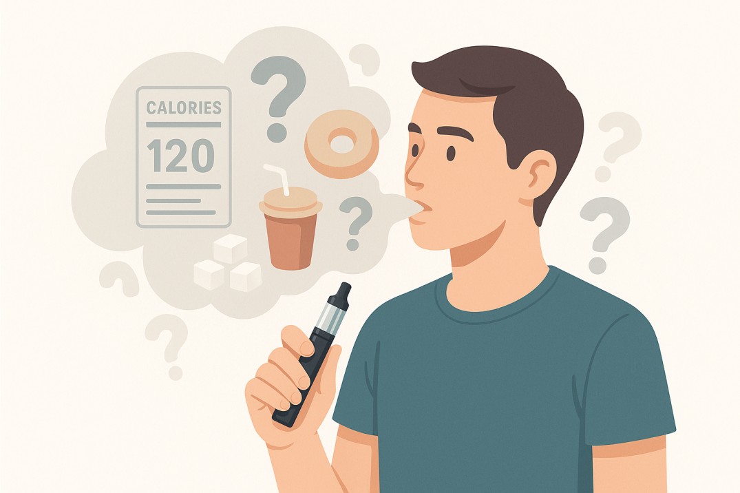 Illustration of a young man holding a vape pen, exhaling vapor shaped like question marks and food icons such as donuts, sugar cubes, and a soda cup, with a floating calorie label — visually representing the question, “Does vaping have calories?”