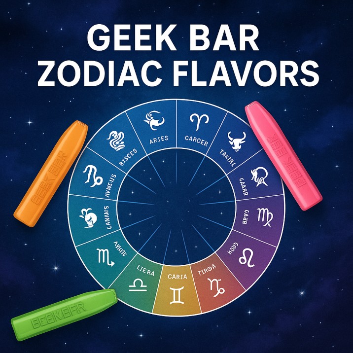 Geek Bar Zodiac Flavors Colorful vape bars arranged in a zodiac wheel with star signs in the background