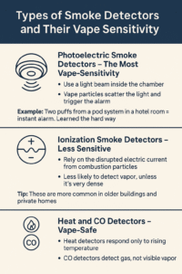 "Infographic titled 'Types of Smoke Detectors and Their Vape Sensitivity' with three sections explaining how photoelectric, ionization, and heat/CO detectors respond to vape aerosol. Each section includes icons, descriptions, and practical notes about detector sensitivity and vaping risk."
