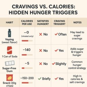 Infographic titled "Cravings vs. Calories" comparing vaping, soda, sugar-free gum, and chips by calories, hunger satisfaction, and craving triggers. Icons and checkmarks show that most don't satisfy hunger but can trigger cravings.