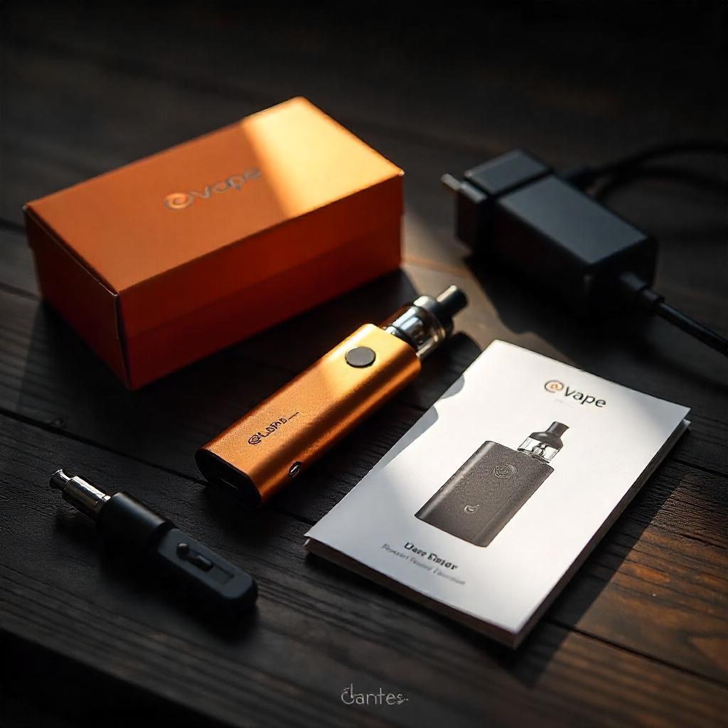 A sleek orange vape starter kit displayed on a wooden surface, including a rechargeable vape device, charging cable, extra cartridge, instruction manual labeled "Vape User Manual," and branded packaging ideal for beginner vapers.