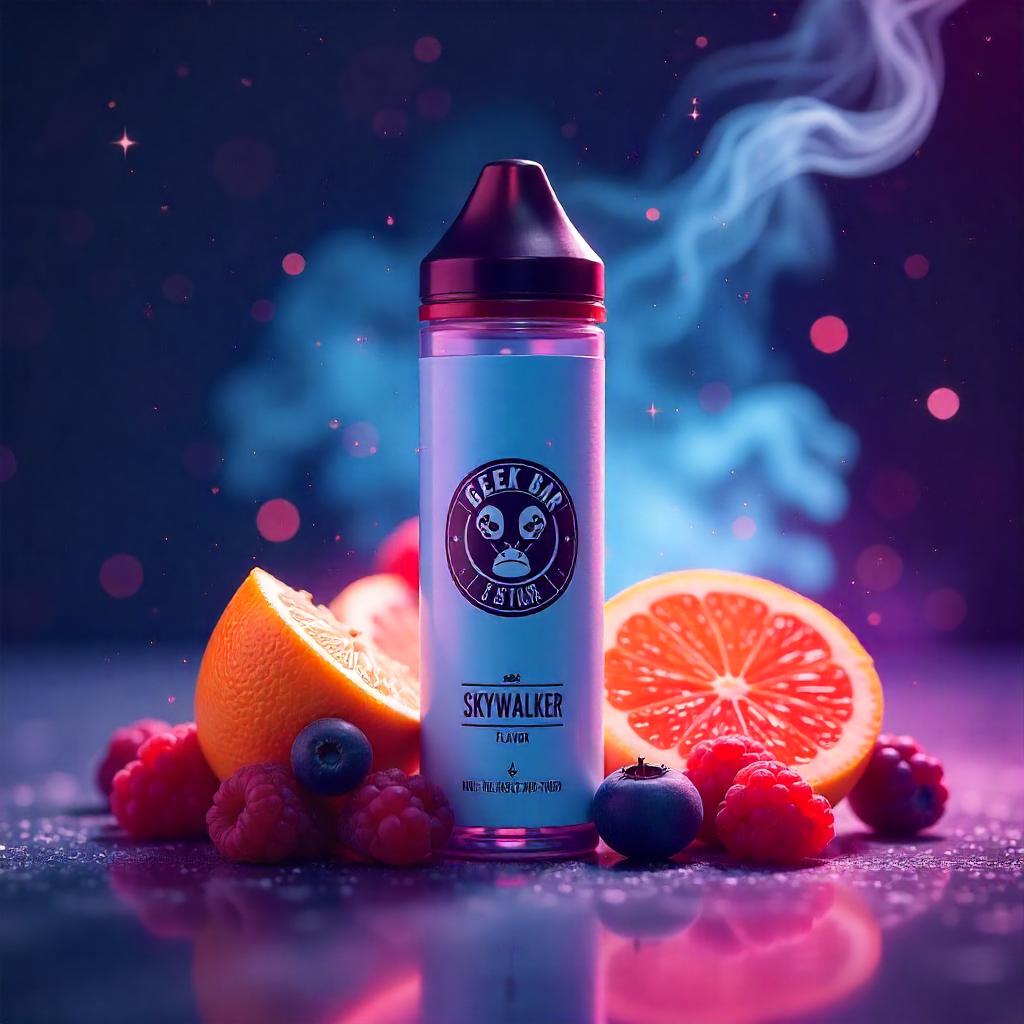 Sleek Geek Bar Skywalker vape device surrounded by colorful fruits and aromatic mist with a cosmic galaxy-themed background.