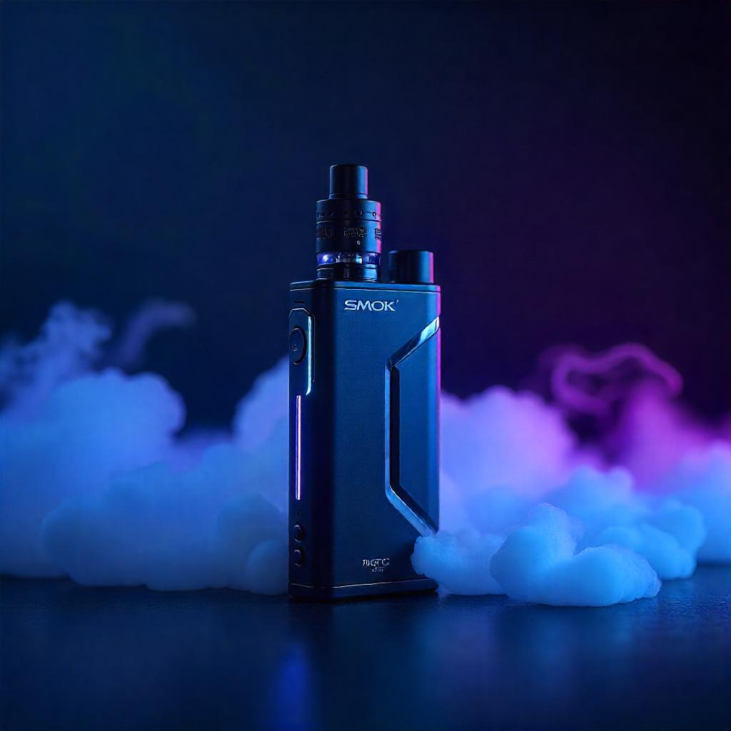 Smok Mag Solo Kit vape device with sleek metallic design, surrounded by vapor clouds and neon lighting on a dark background.