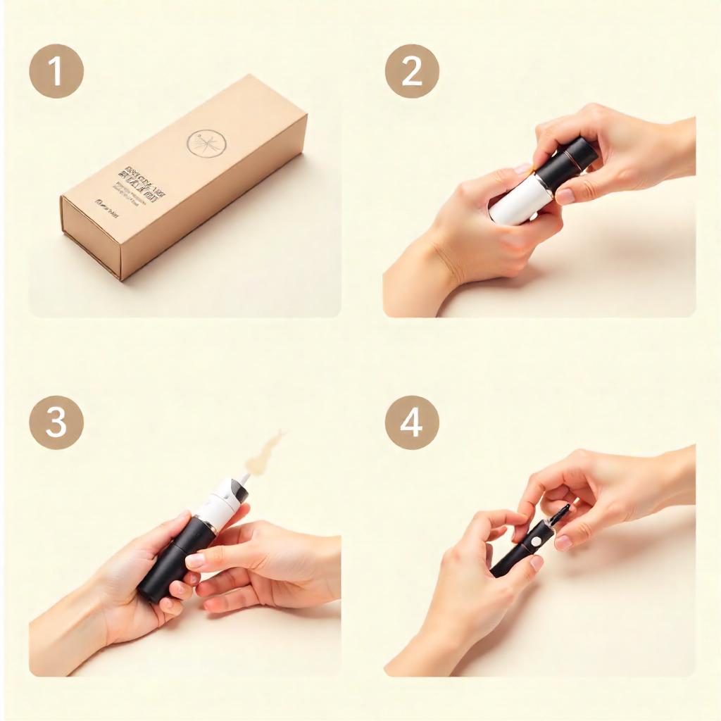 Illustrated steps showing how to use a vape cartridge: unboxing, attaching to vape pen, activating, and inhaling vapor.