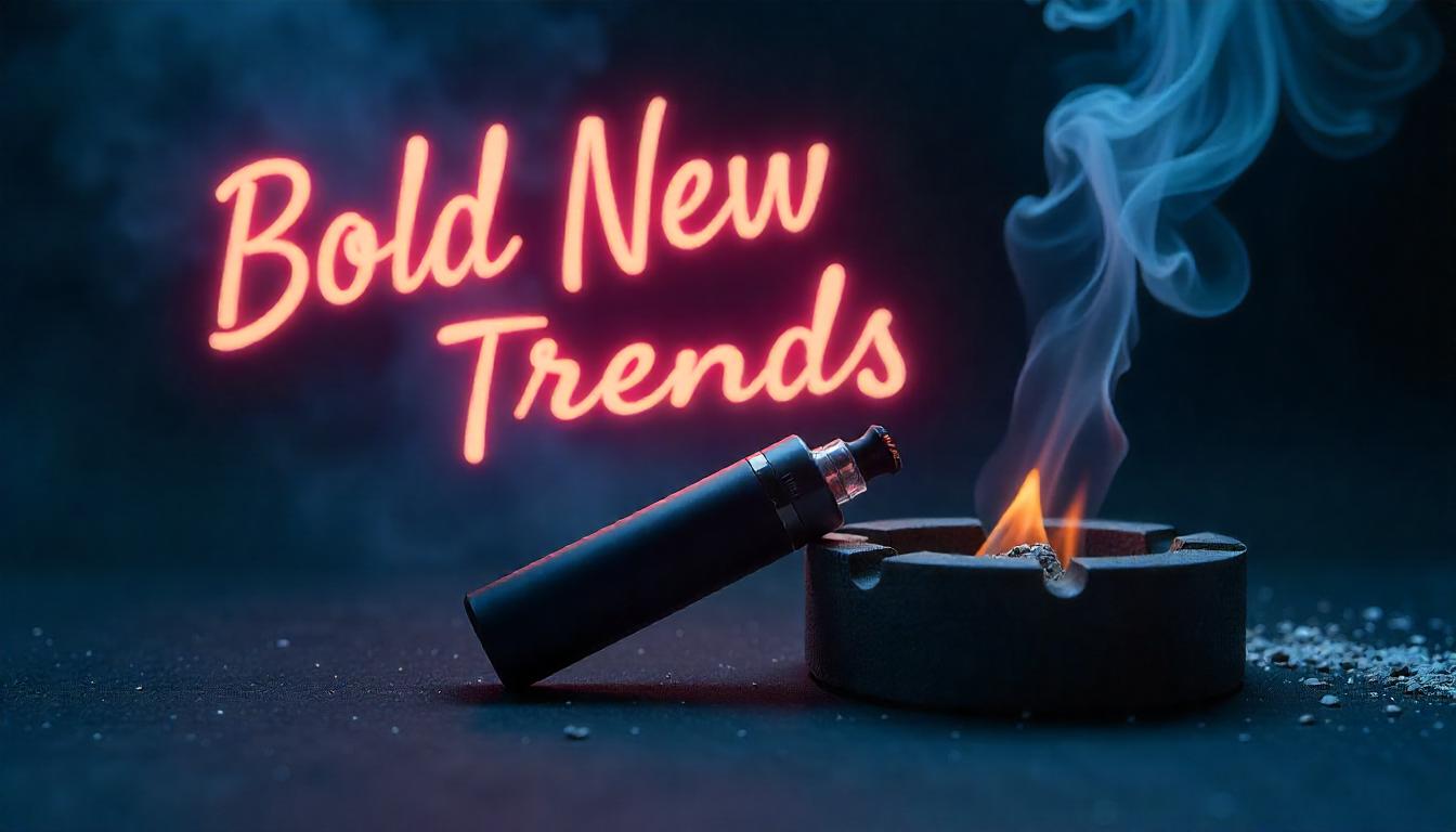 A modern vape device releasing vapor shaped like traditional cigarettes, set beside a burning ashtray, with dark moody lighting and neon text reading “Bold New Trends.” The image contrasts vaping with smoking in a stylish, edgy atmosphere.