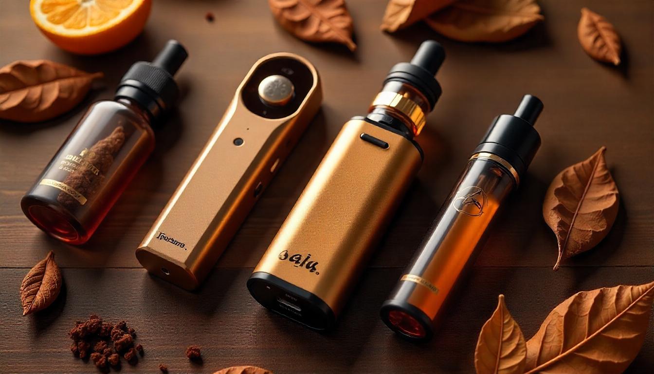 "Flat lay of premium tobacco vape devices and e-liquid bottles arranged on a wooden surface with dried tobacco leaves, showcasing the best tobacco vape brands in a warm, elegant setting."